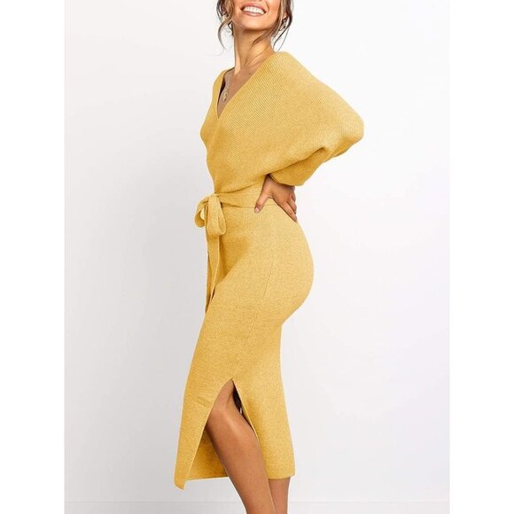 Women's Sweater Dress Wrap Batwing V Neck Slit Bodycon Dress with Belt Yellow - Picture 2 of 7